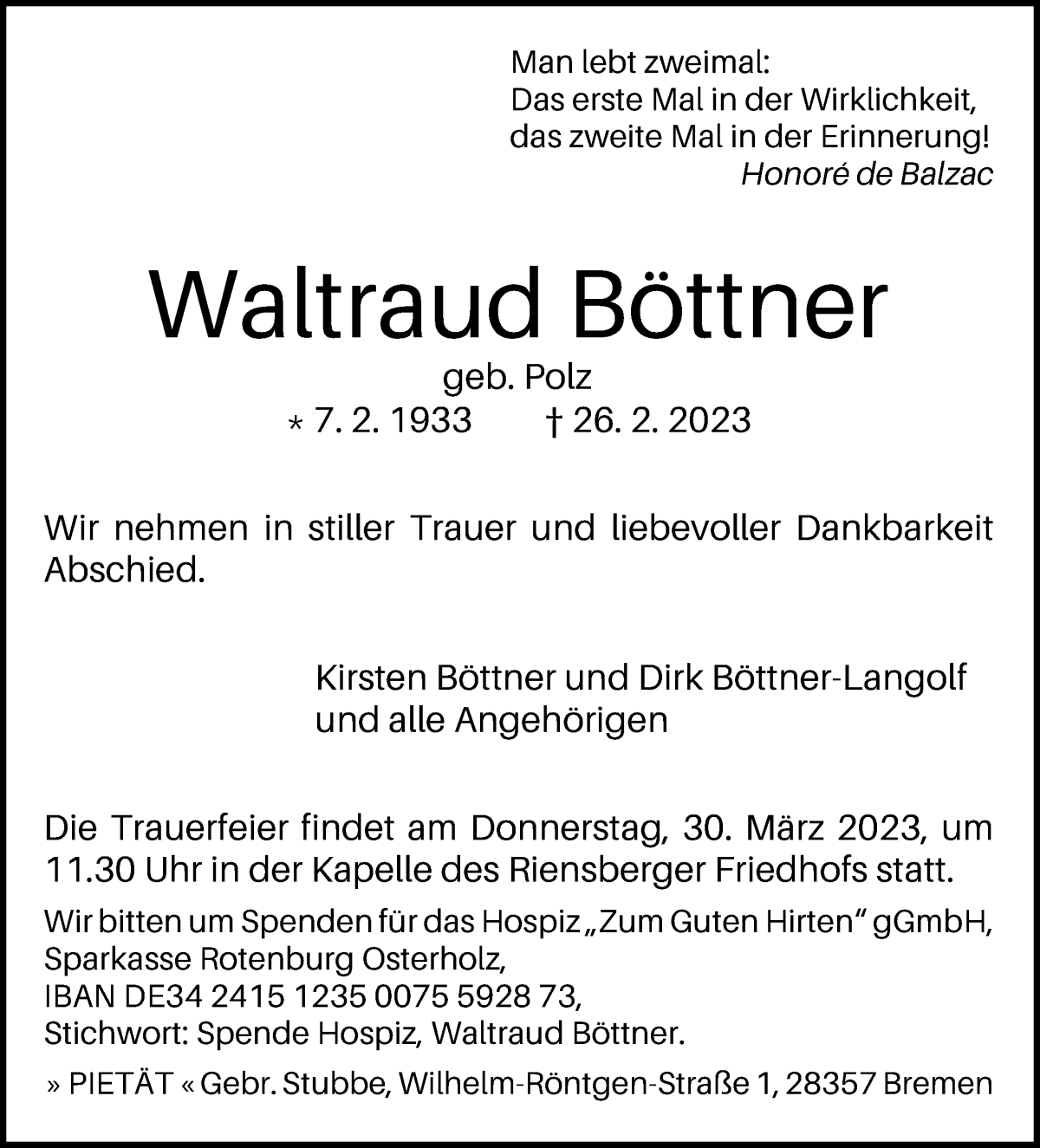Traueranzeige von Waltraud Böttner von WESER-KURIER