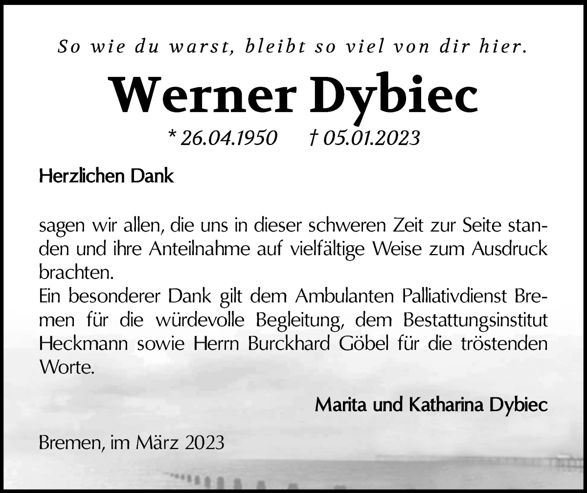 Traueranzeige von Werner Dybiec von Die Norddeutsche