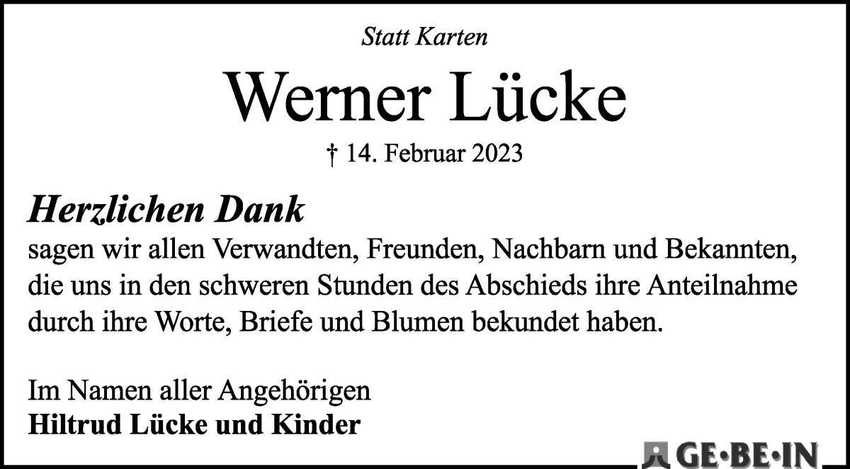 Traueranzeige von Werner Lücke von WESER-KURIER
