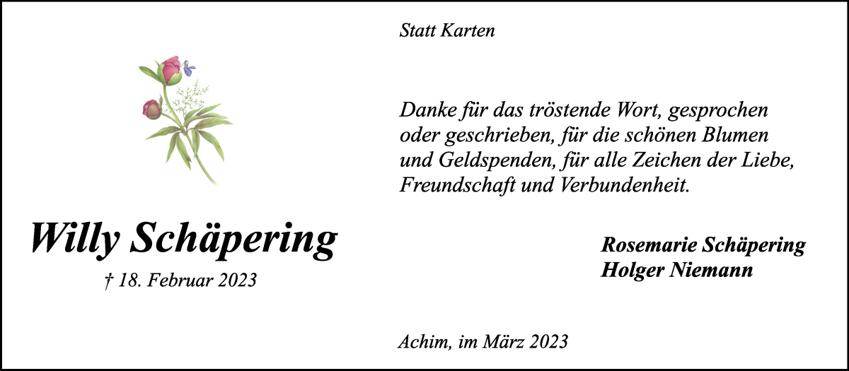 Traueranzeige von Willy Schäpering von Achimer Kurier/Verdener Nachrichten