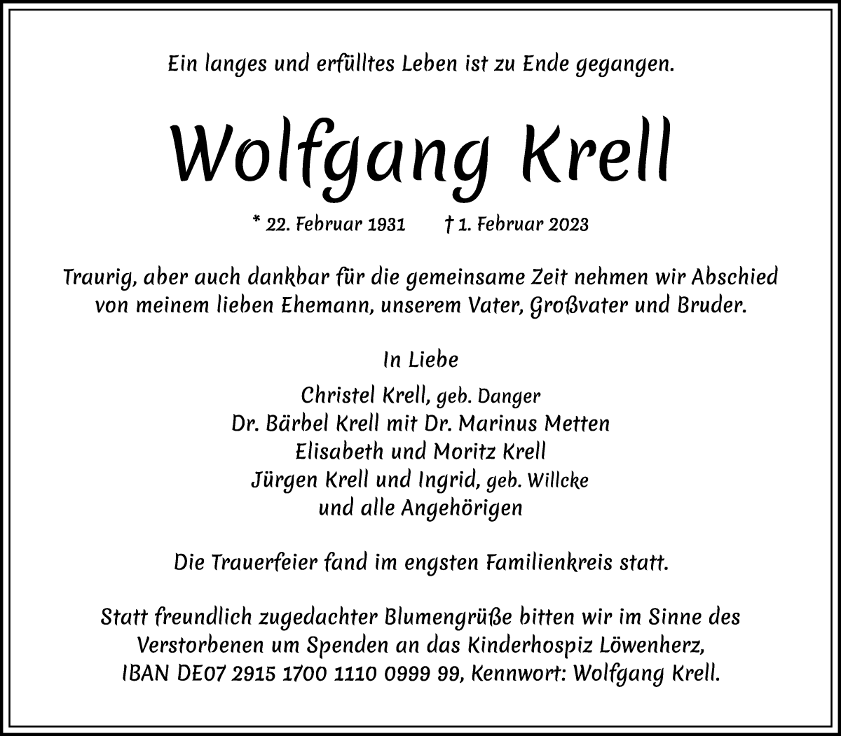 Traueranzeige von Wolfgang Krell von WESER-KURIER