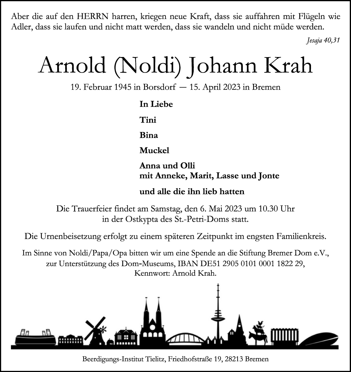 Traueranzeige von Arnold Johann Krah von WESER-KURIER