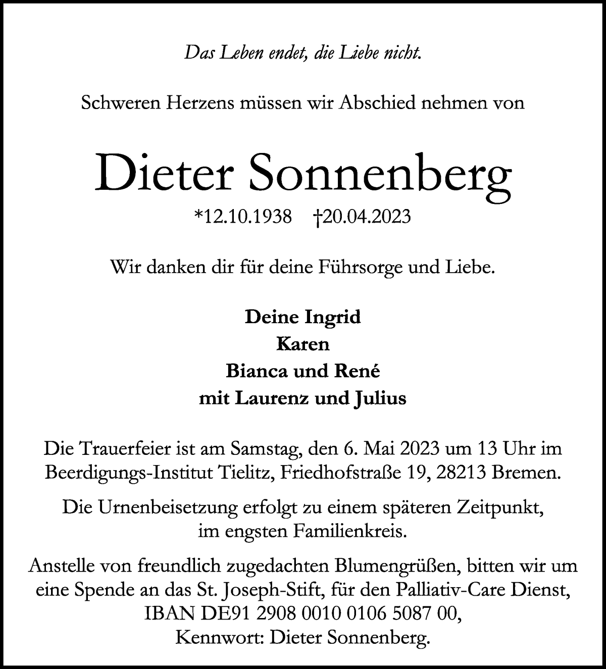 Traueranzeige von Dieter Sonnenberg von WESER-KURIER