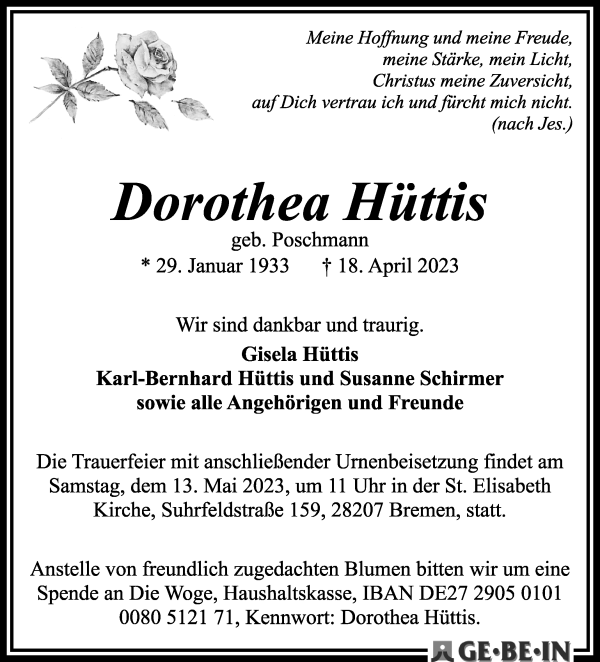 Traueranzeige von Dorothea Hüttis von WESER-KURIER