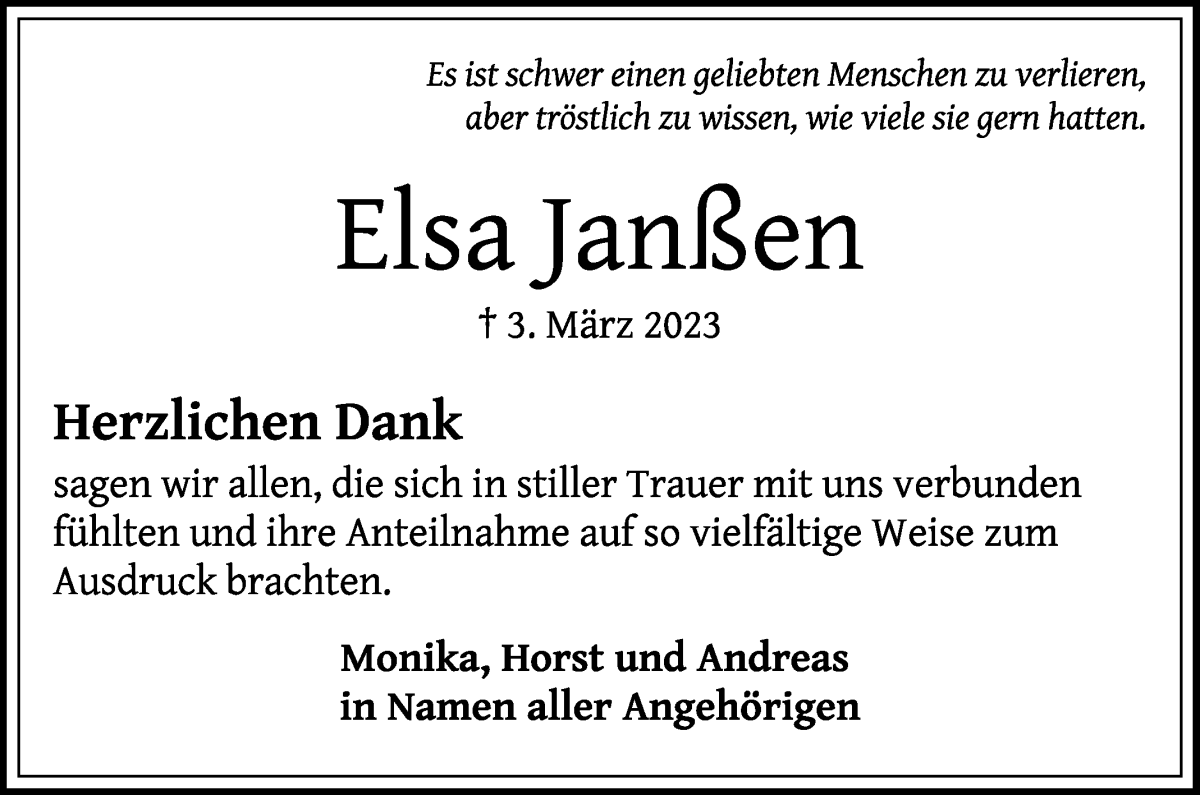 Traueranzeige von Elsa Janßen von WESER-KURIER