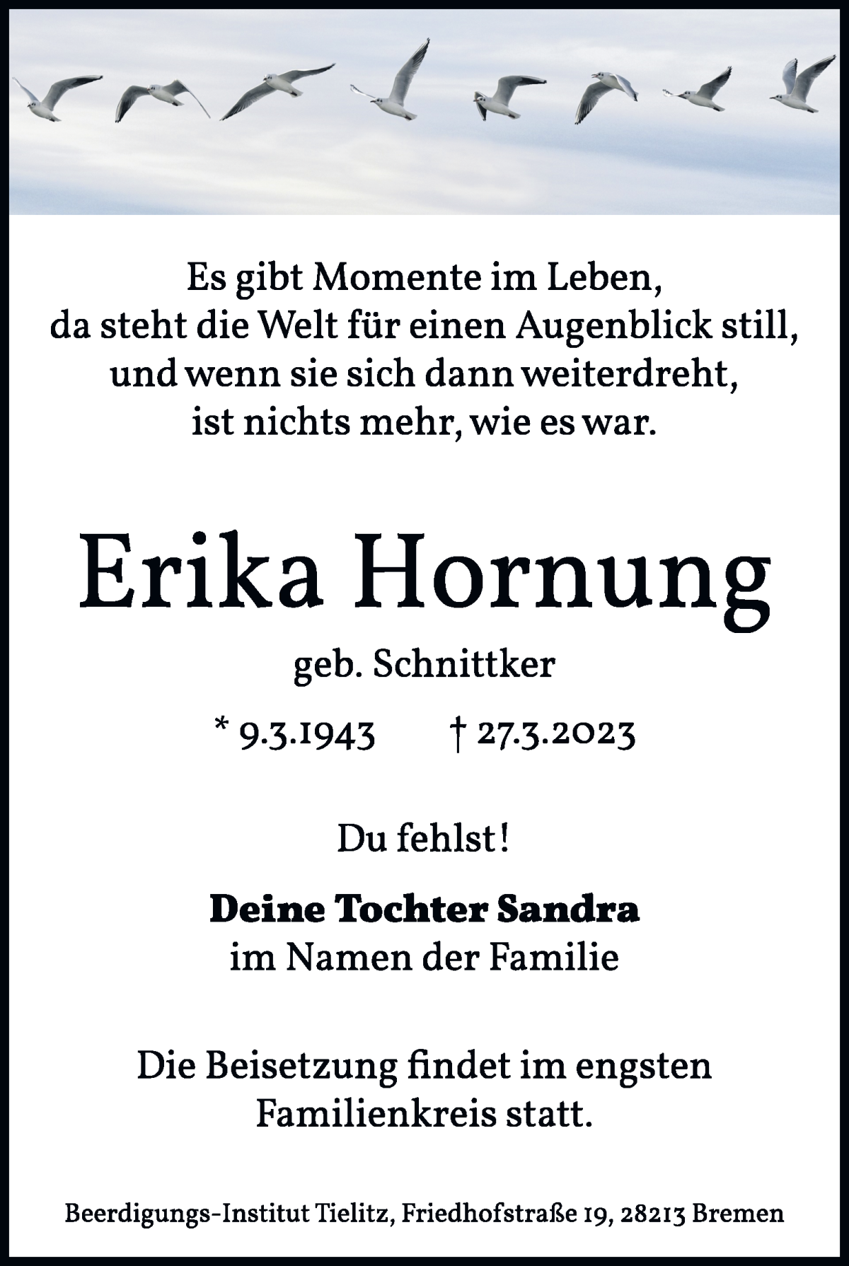 Traueranzeige von Erika Hornung von WESER-KURIER