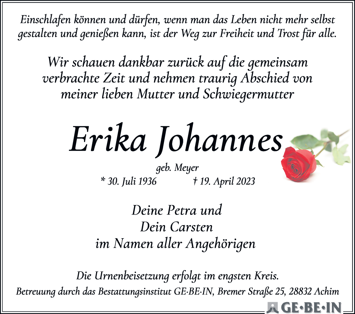 Traueranzeige von Erika Johannes von WESER-KURIER