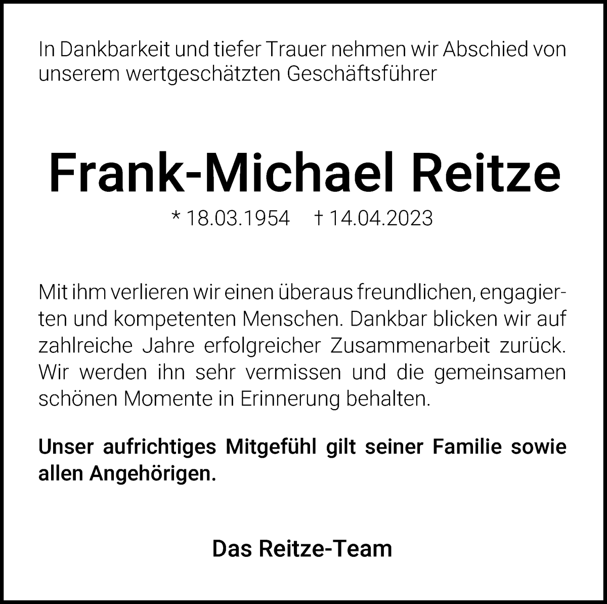 Traueranzeige von Frank-Michael Reitze von WESER-KURIER