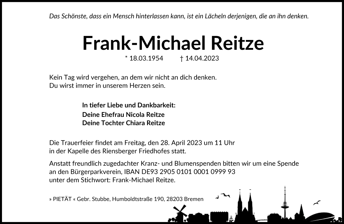 Traueranzeige von Frank-Michael Reitze von WESER-KURIER