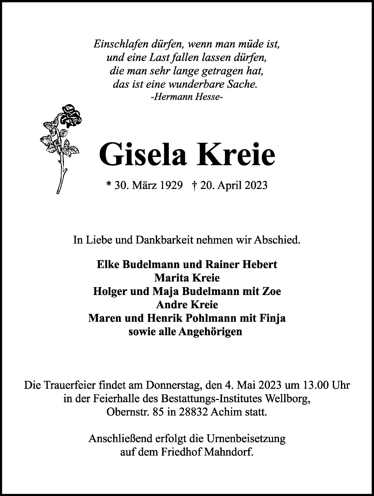 Traueranzeige von Gisela Kreie von WESER-KURIER