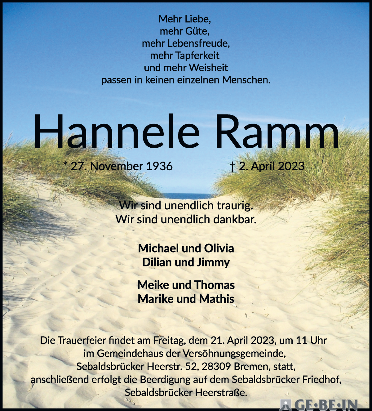 Traueranzeige von Hannele Ramm von WESER-KURIER