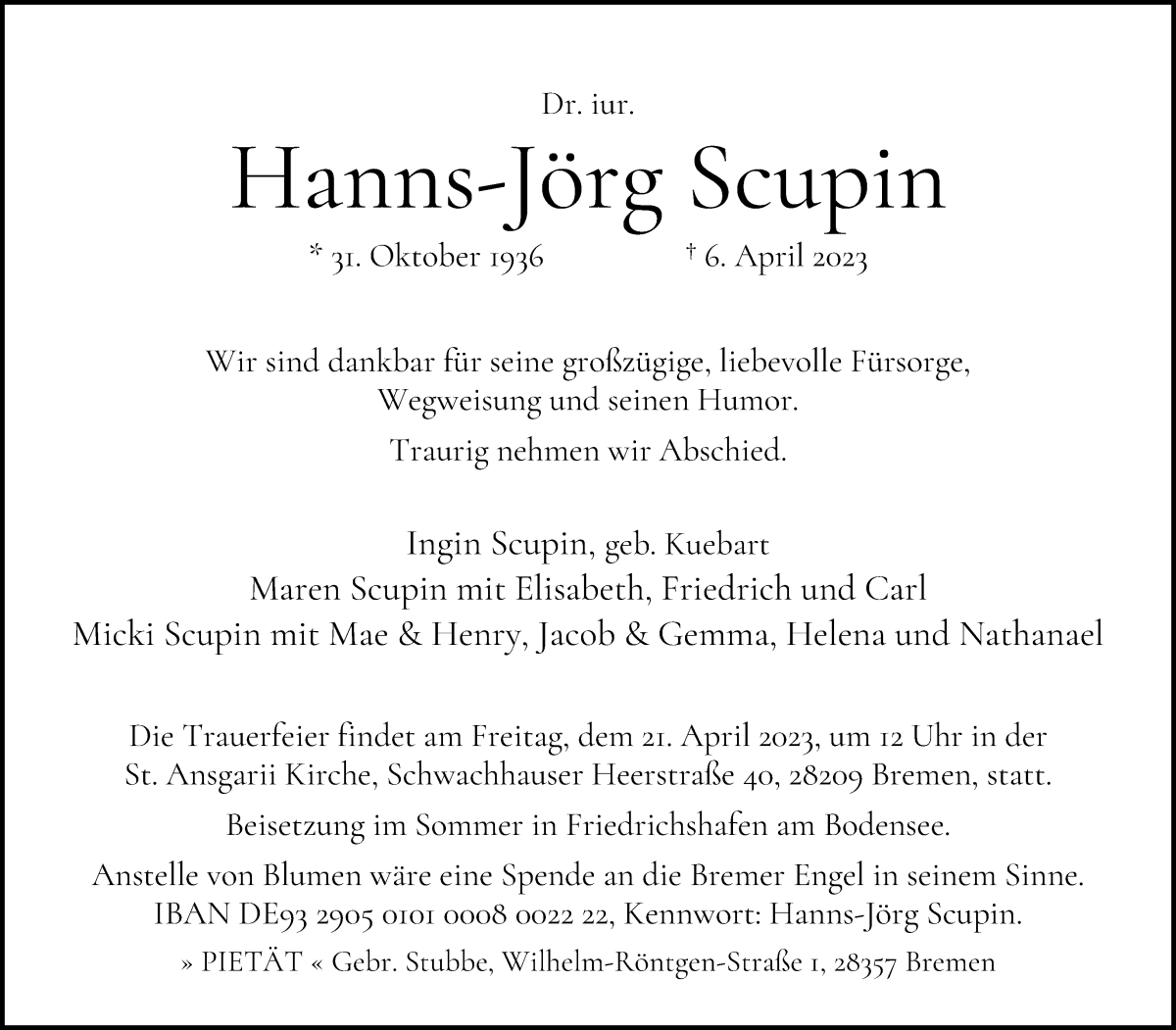 Traueranzeige von Hanns-Jörg Scupin von WESER-KURIER