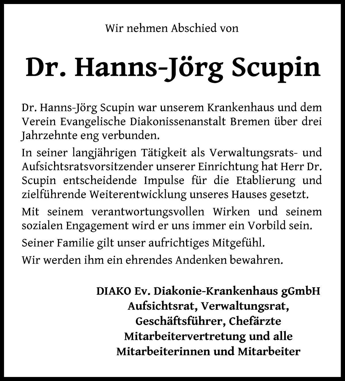 Traueranzeige von Hanns-Jörg Scupin von WESER-KURIER