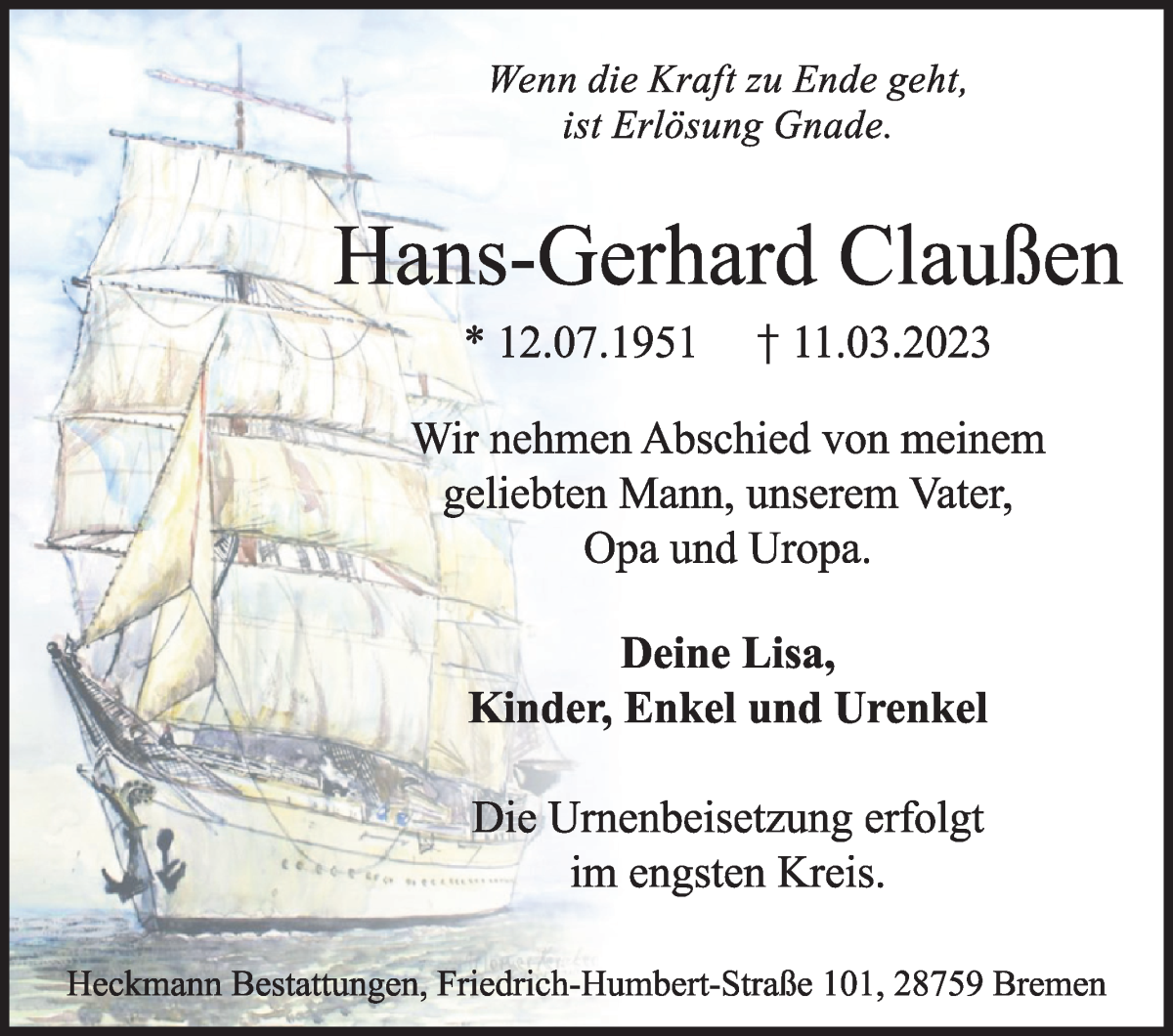 Traueranzeige von Hans-Gerhard Claußen von Die Norddeutsche