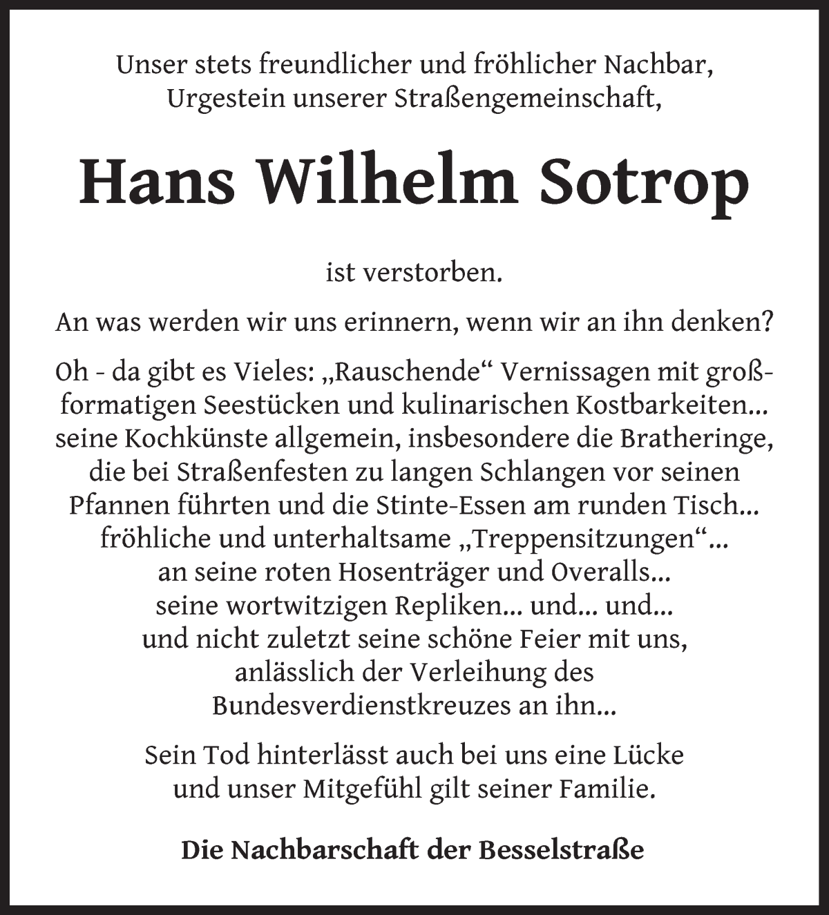 Traueranzeige von Hans Wilhelm Sotrop von WESER-KURIER