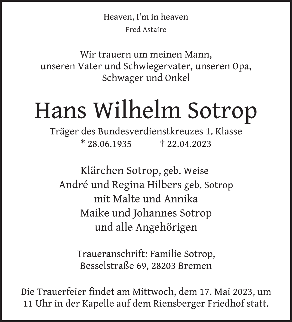 Traueranzeige von Hans Wilhelm Sotrop von WESER-KURIER