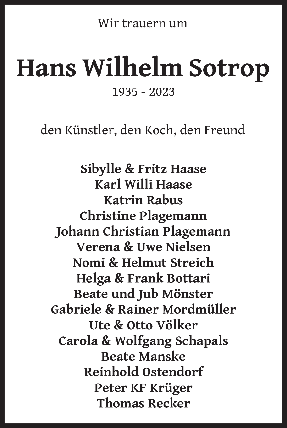 Traueranzeige von Hans Wilhelm Sotrop von WESER-KURIER