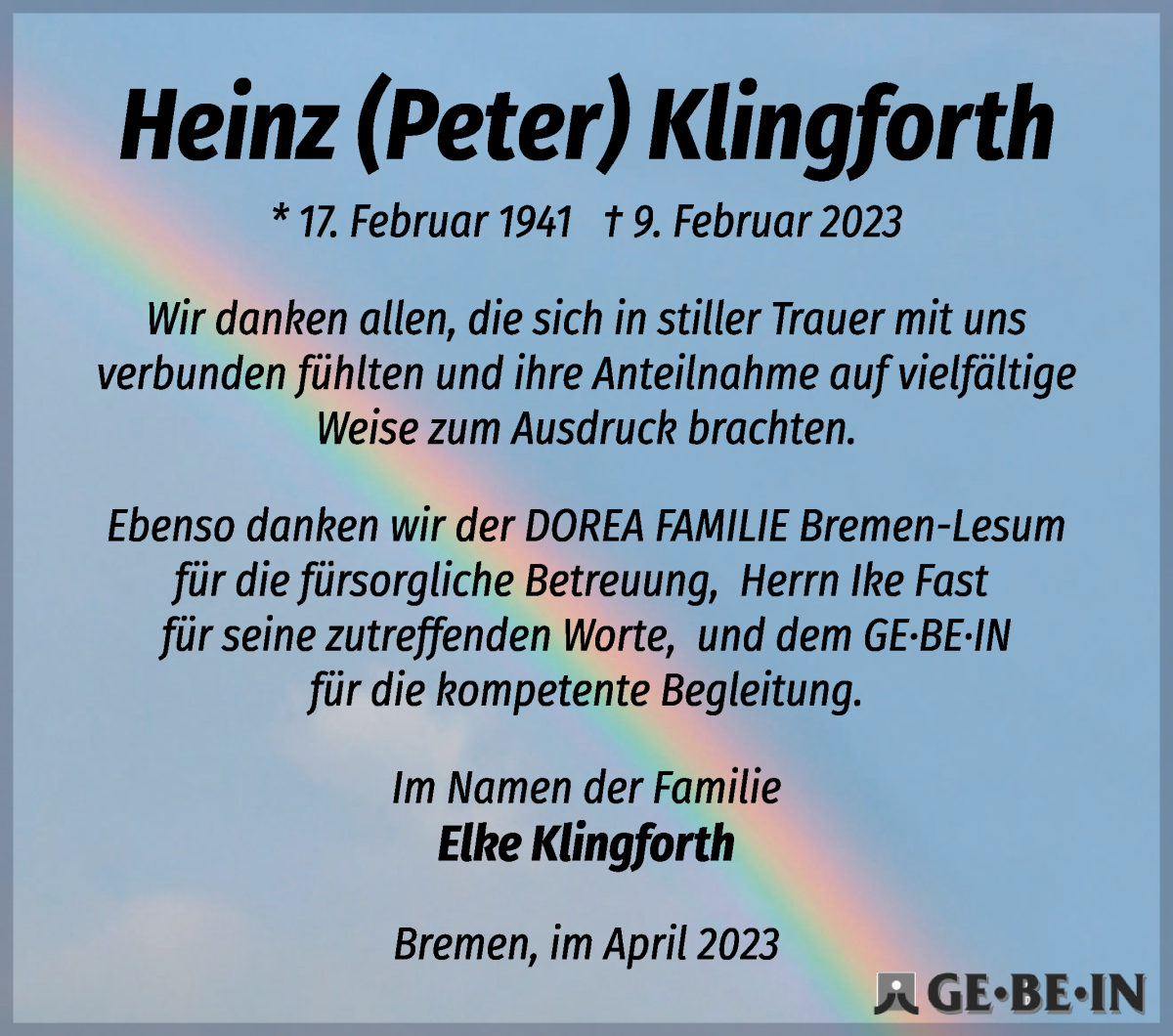 Traueranzeige von Heinz Klingforth von Die Norddeutsche