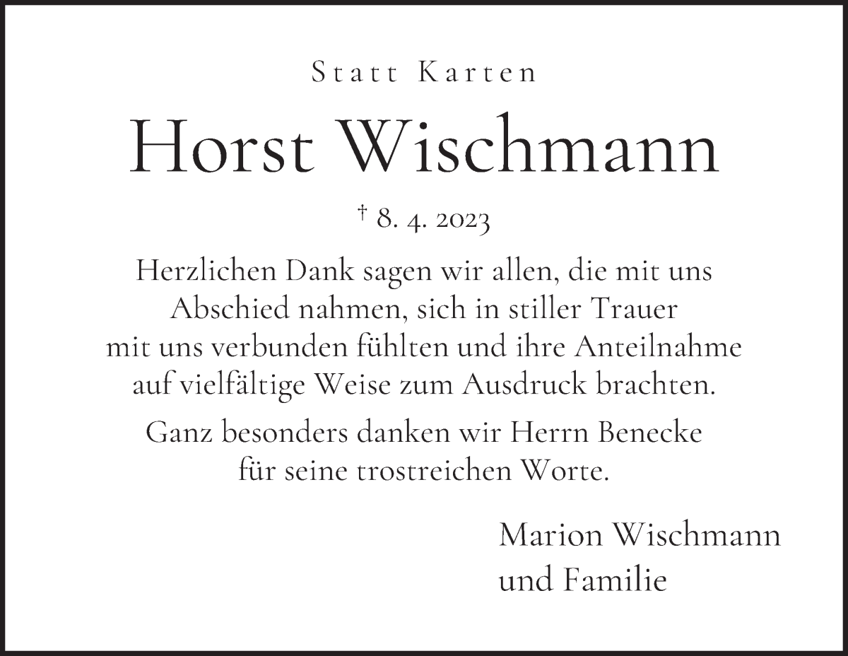 Traueranzeige von Horst Wischmann von WESER-KURIER