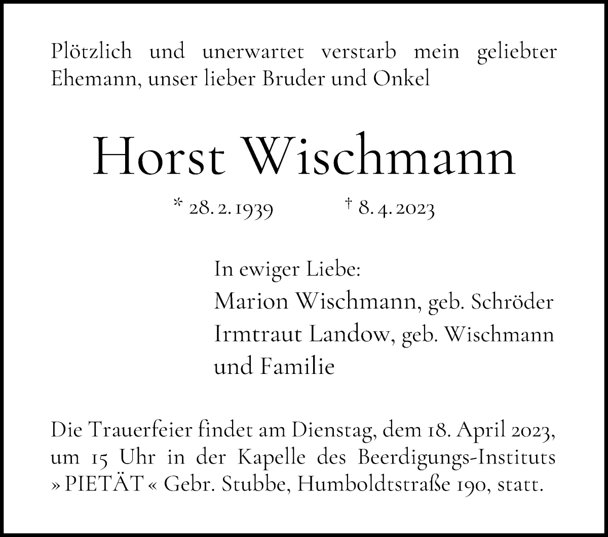 Traueranzeige von Horst Wischmann von WESER-KURIER