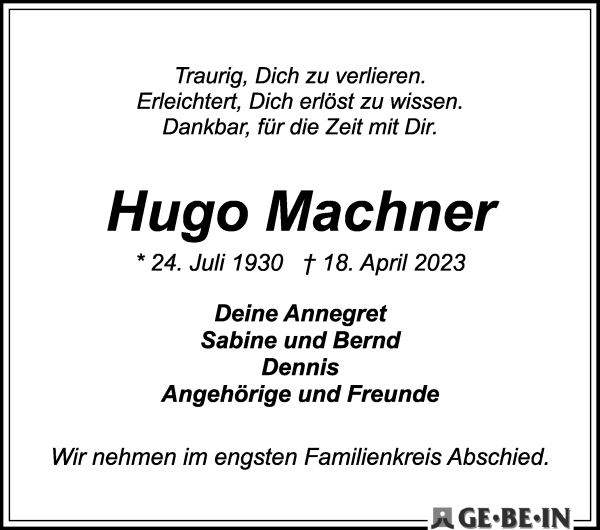 Traueranzeige von Hugo Machner von WESER-KURIER