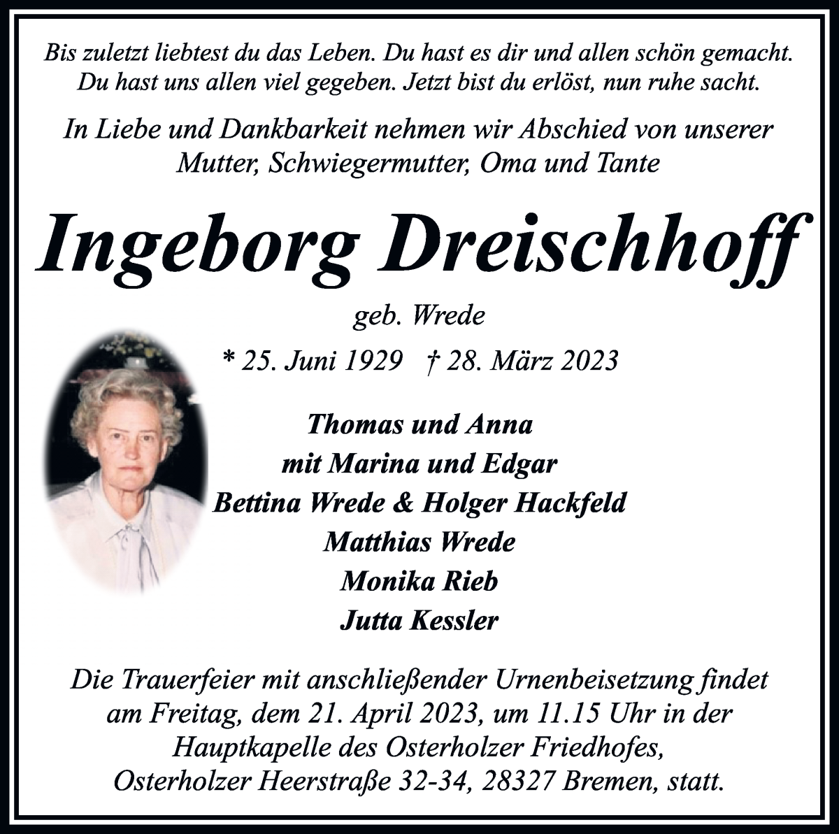 Traueranzeige von Ingeborg Dreischhoff von WESER-KURIER