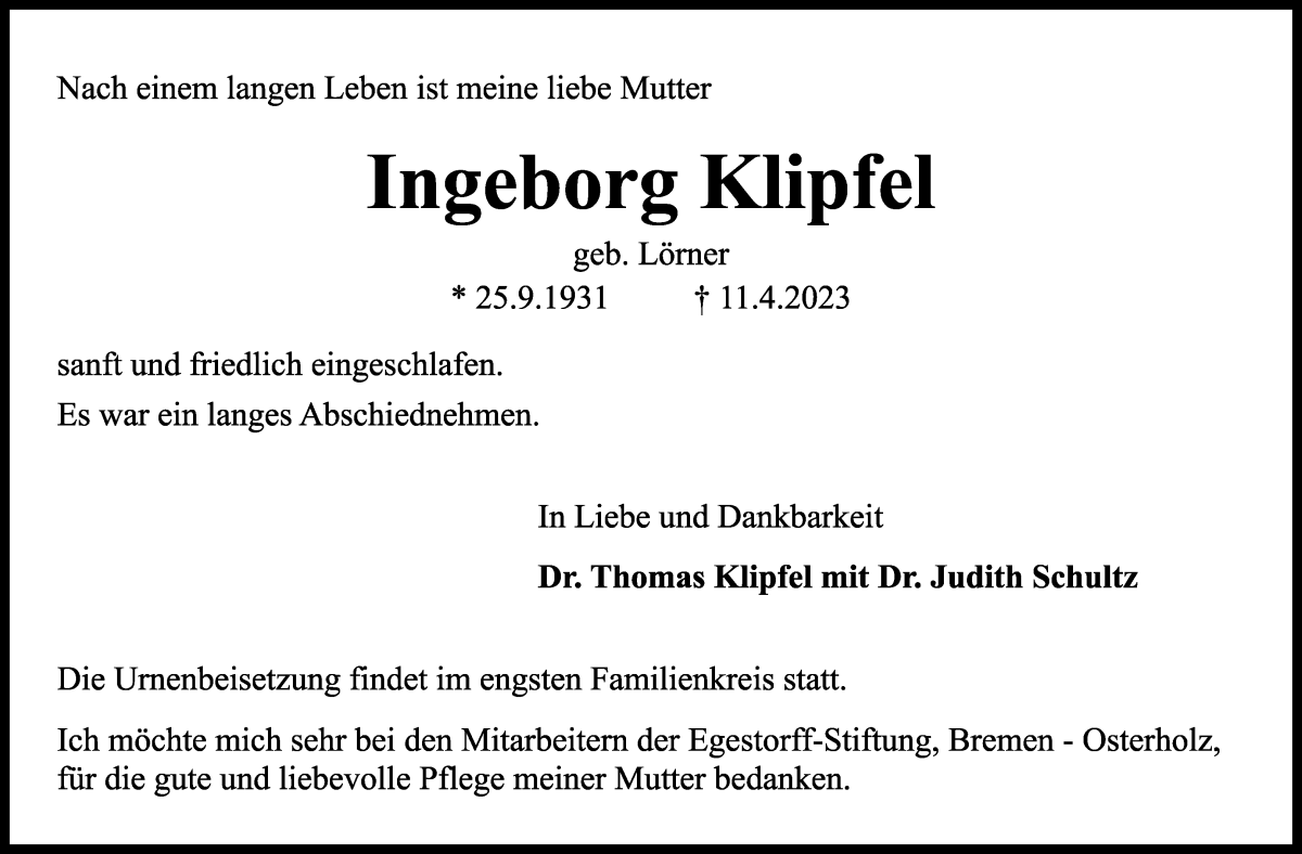 Traueranzeige von Ingeborg Klipfel von WESER-KURIER