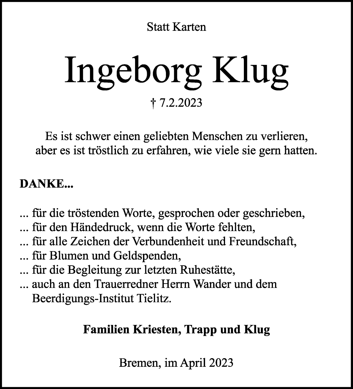 Traueranzeige von Ingeborg Klug von WESER-KURIER
