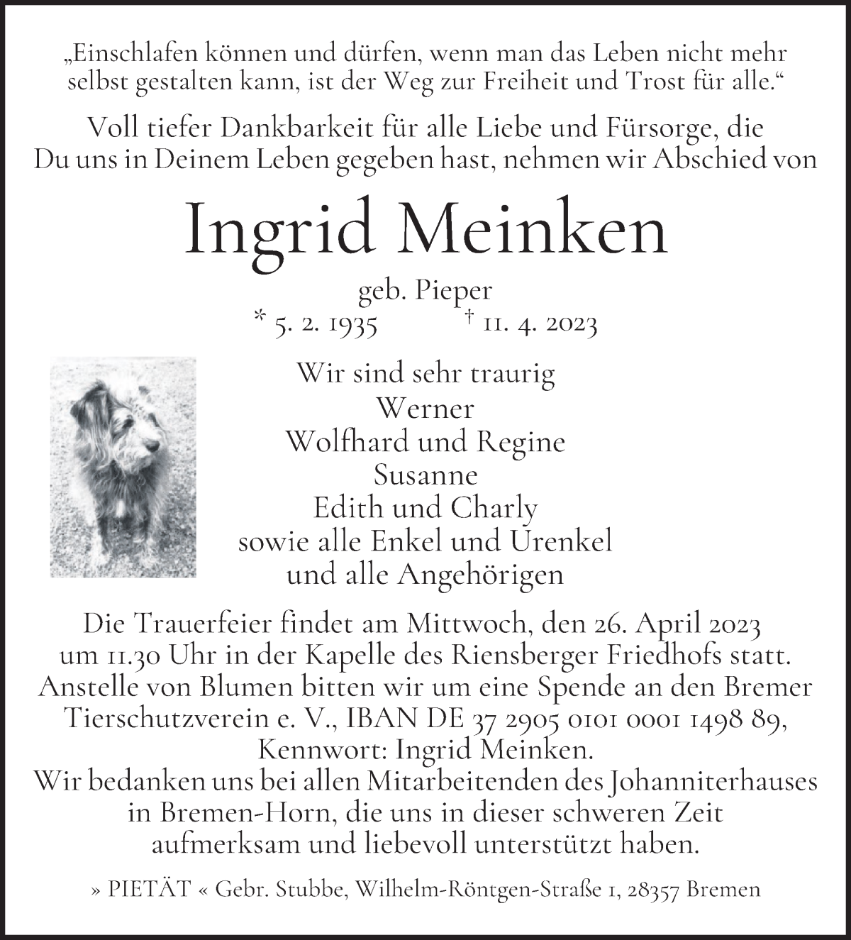 Traueranzeige von Ingrid Meinken von WESER-KURIER