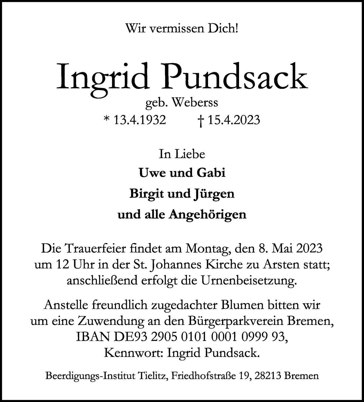 Traueranzeige von Ingrid Pundsack von WESER-KURIER