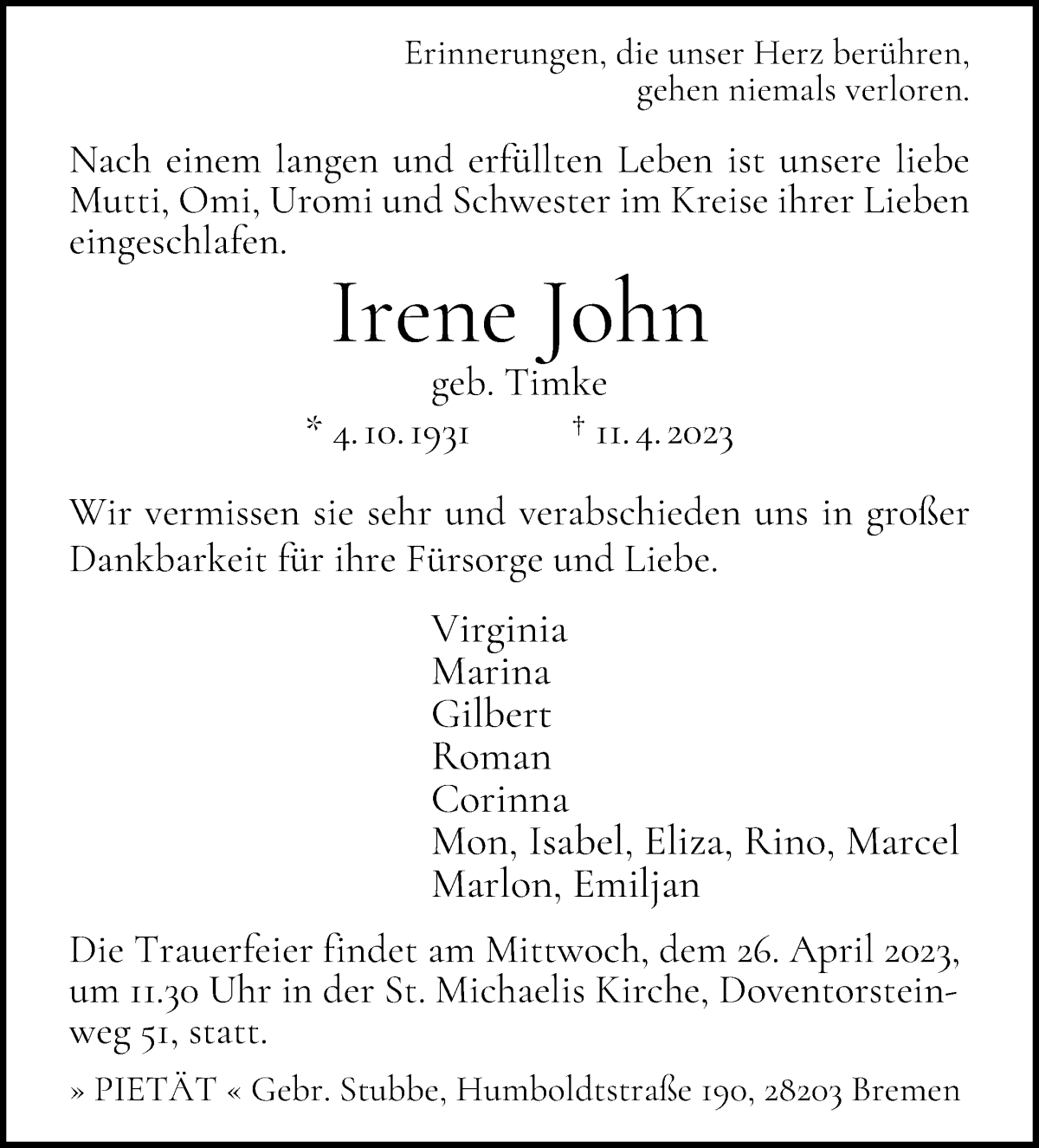 Traueranzeige von Irene John von WESER-KURIER