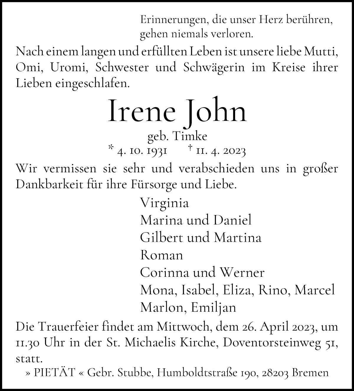 Traueranzeige von Irene John von WESER-KURIER