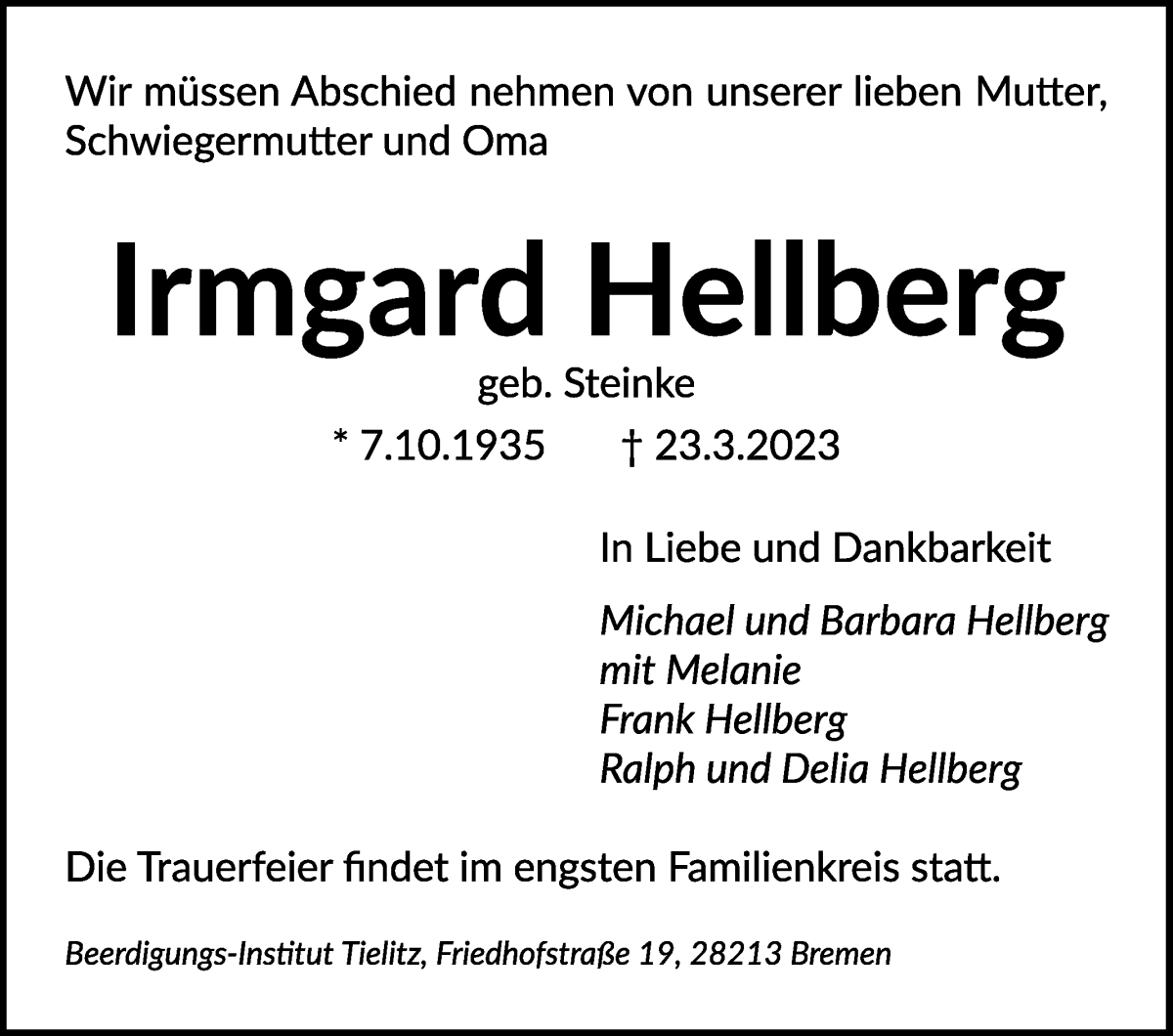 Traueranzeige von Irmgard Hellberg von Wuemme Zeitung