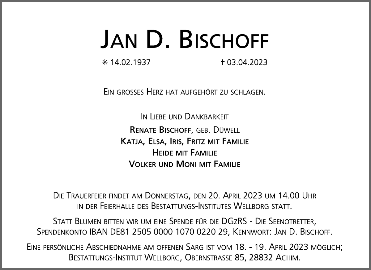 Traueranzeige von Jan D. Bischoff von Achimer Kurier/Verdener Nachrichten