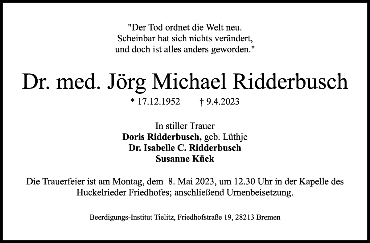Traueranzeige von Jörg Michael Ridderbusch von WESER-KURIER