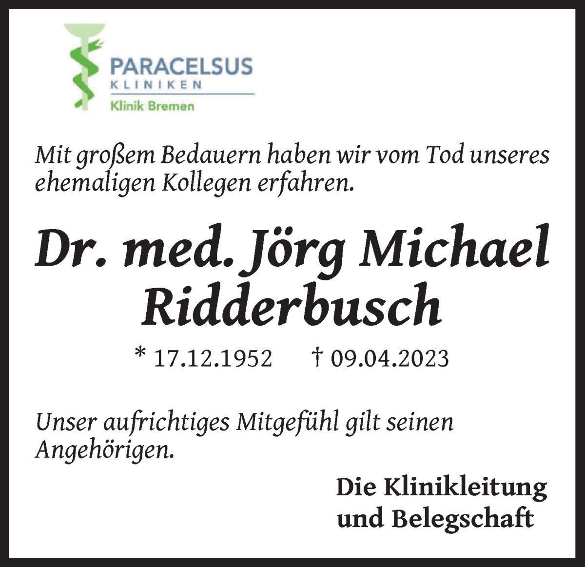 Traueranzeige von Jörg Michael Ridderbusch von WESER-KURIER