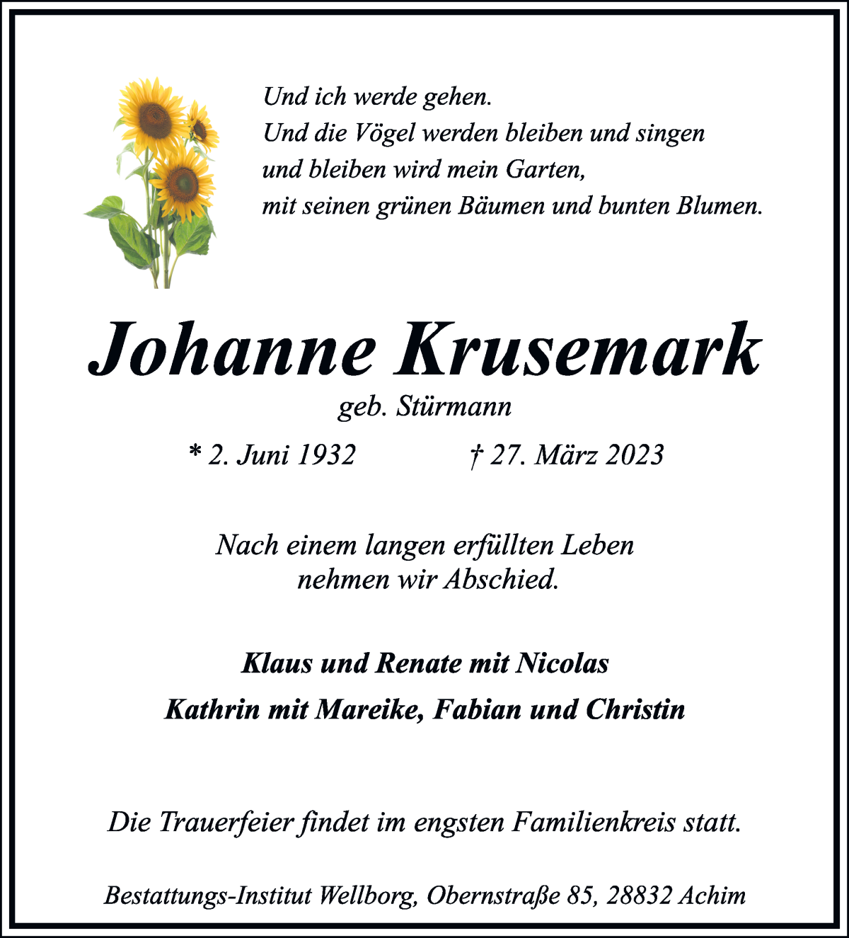 Traueranzeige von Johanne Krusemark von Achimer Kurier/Verdener Nachrichten