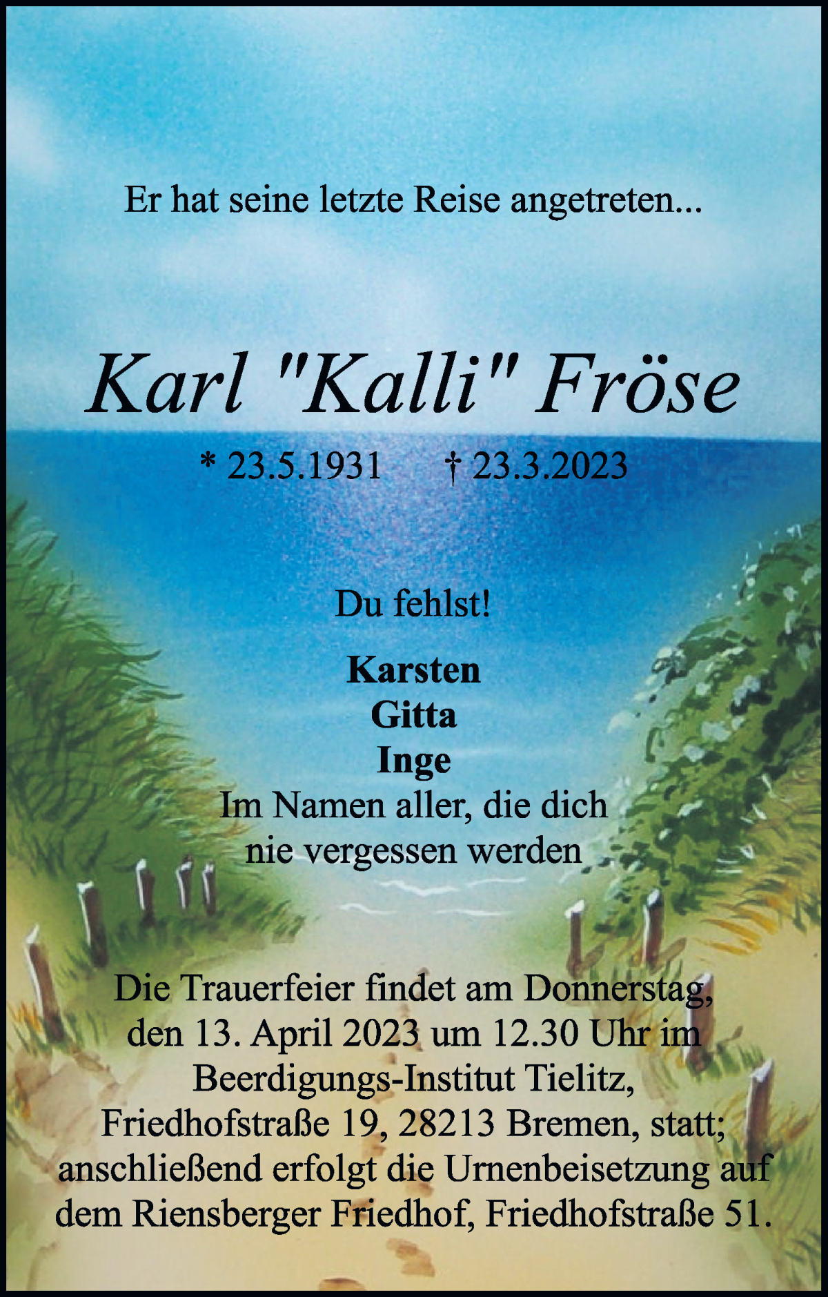 Traueranzeige von Karl Fröse von WESER-KURIER