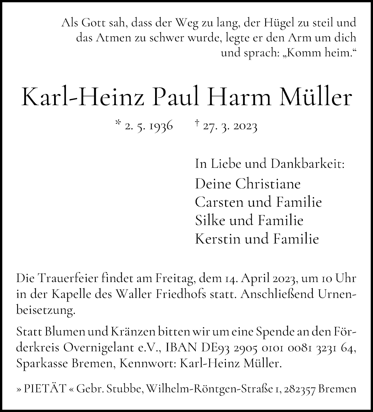 Traueranzeige von Karl-Heinz Paul Harm Müller von WESER-KURIER