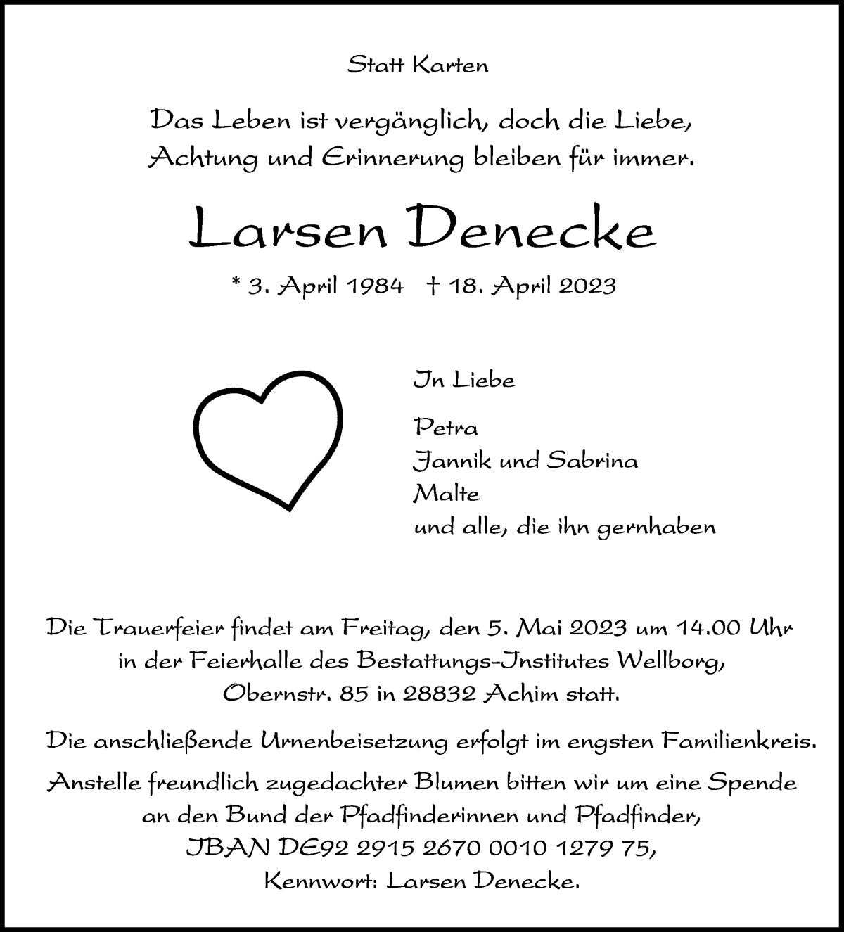 Traueranzeige von Larsen Denecke von Achimer Kurier/Verdener Nachrichten