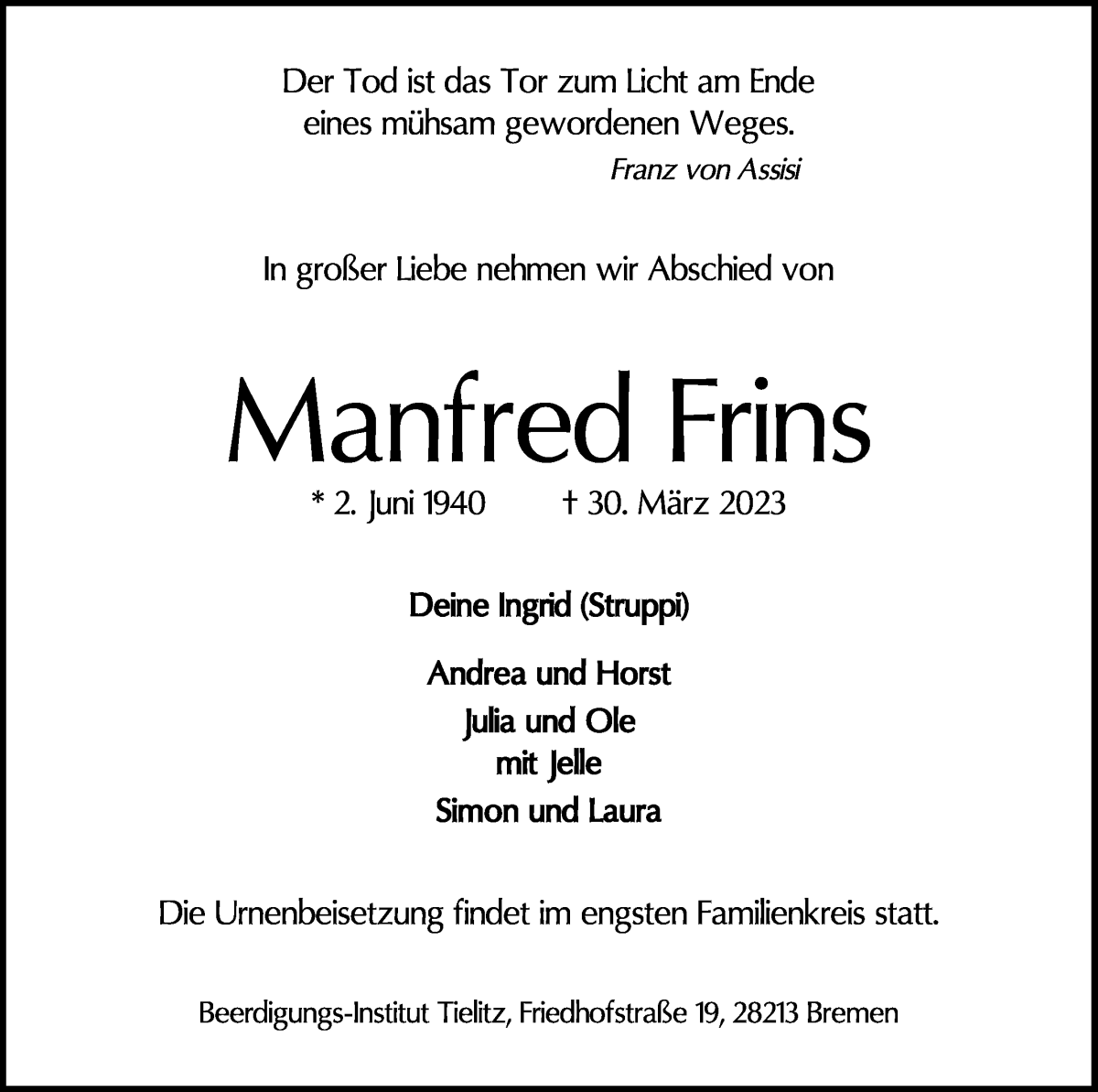 Traueranzeige von Manfred Frins von WESER-KURIER