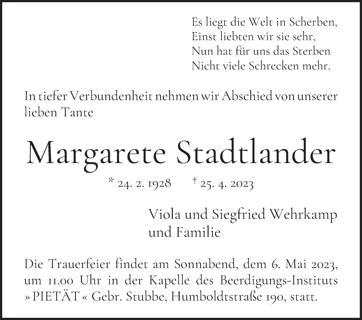 Traueranzeige von Margarete Stadtlander von WESER-KURIER