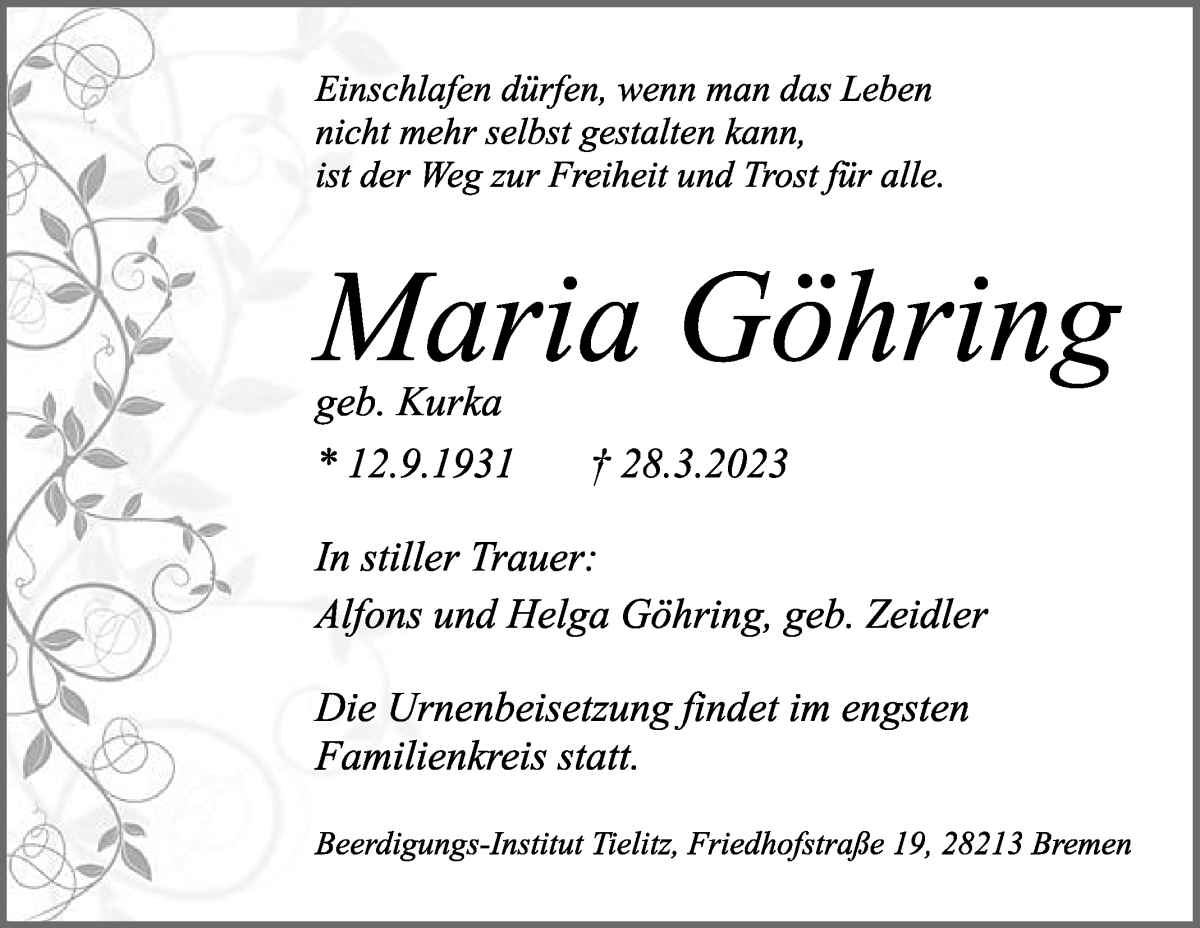 Traueranzeige von Maria Göhring von WESER-KURIER