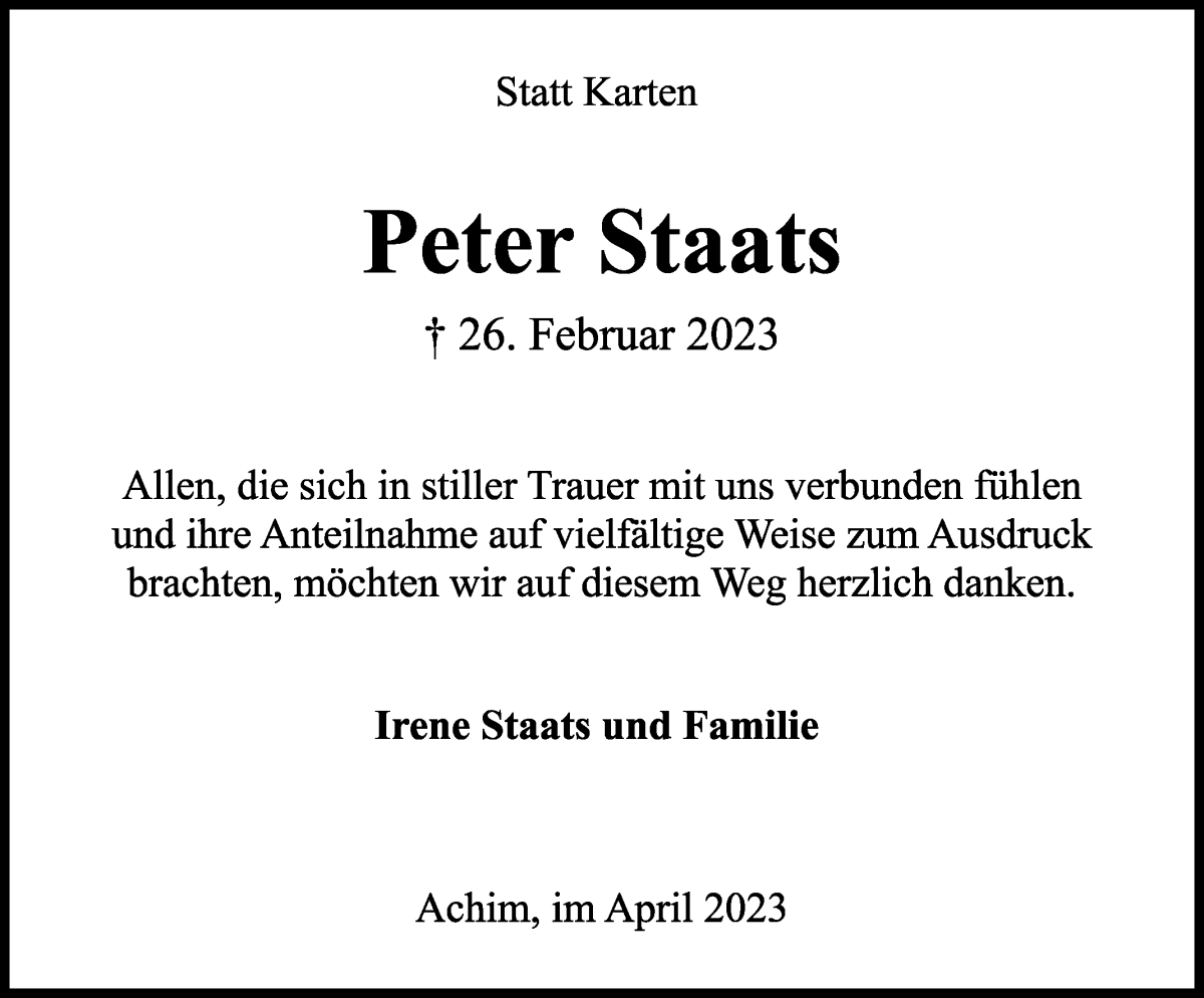 Traueranzeige von Peter Staats von WESER-KURIER