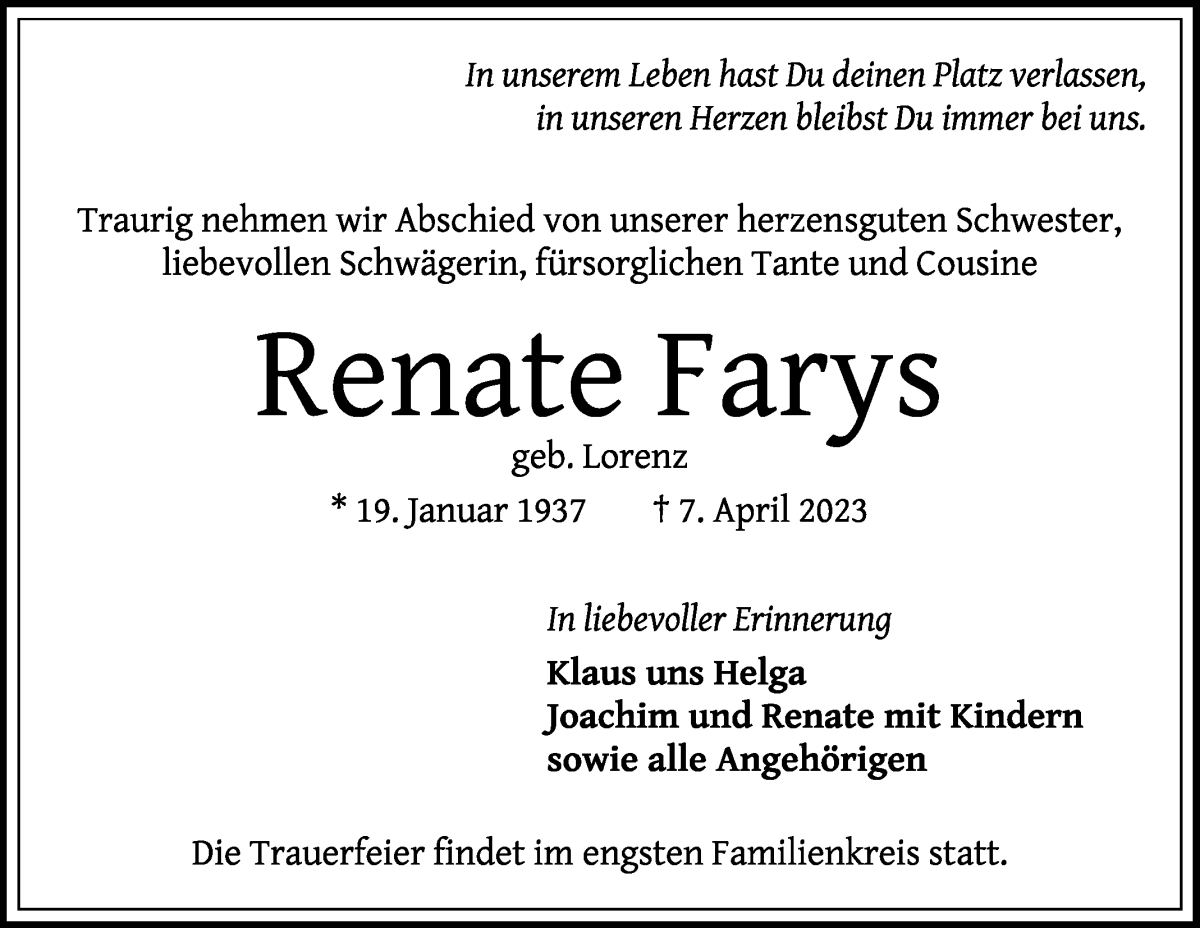 Traueranzeige von Renate Farys von WESER-KURIER