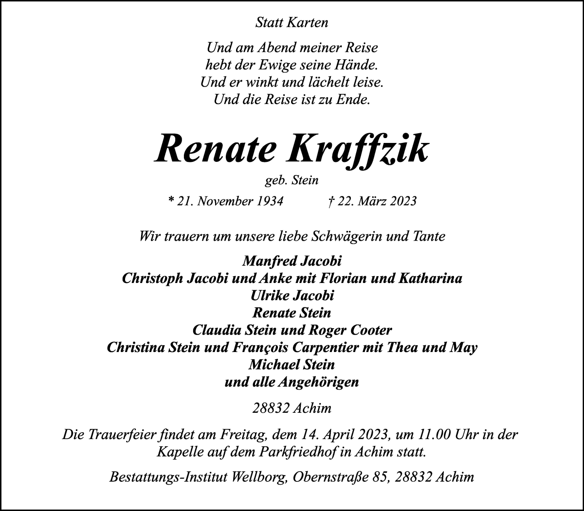 Traueranzeige von Renate Kraffzik von Achimer Kurier/Verdener Nachrichten
