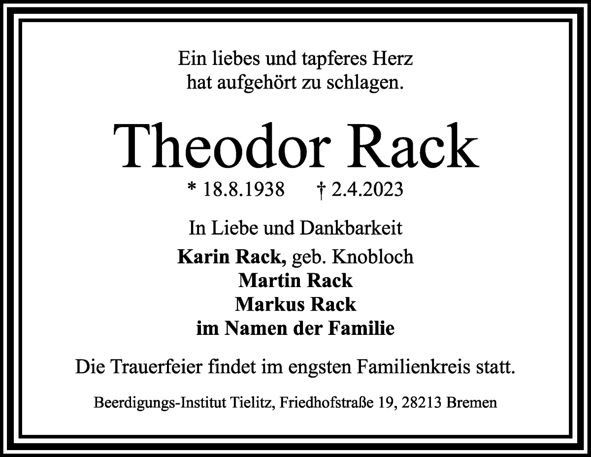 Traueranzeige von Theodor Rack von WESER-KURIER