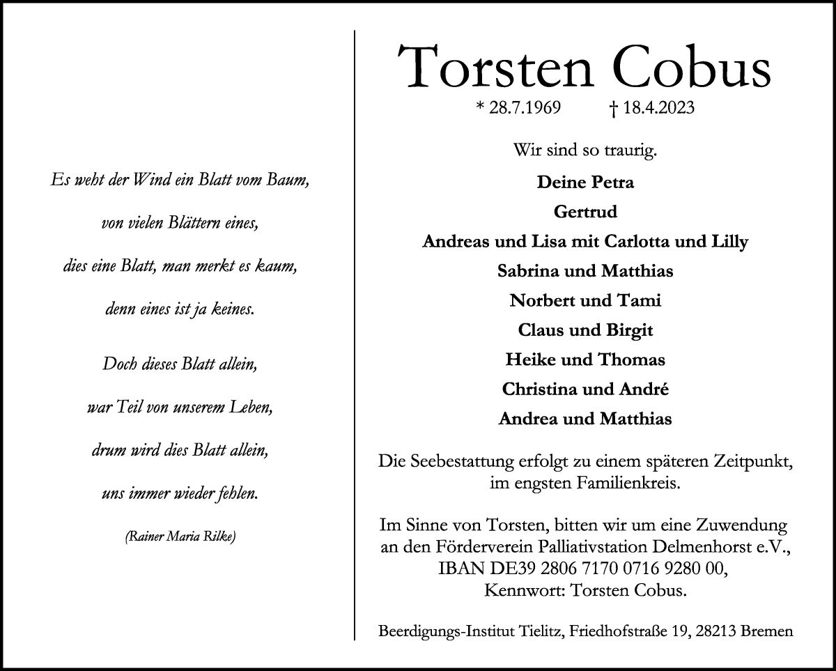 Traueranzeige von Torsten Cobus von WESER-KURIER