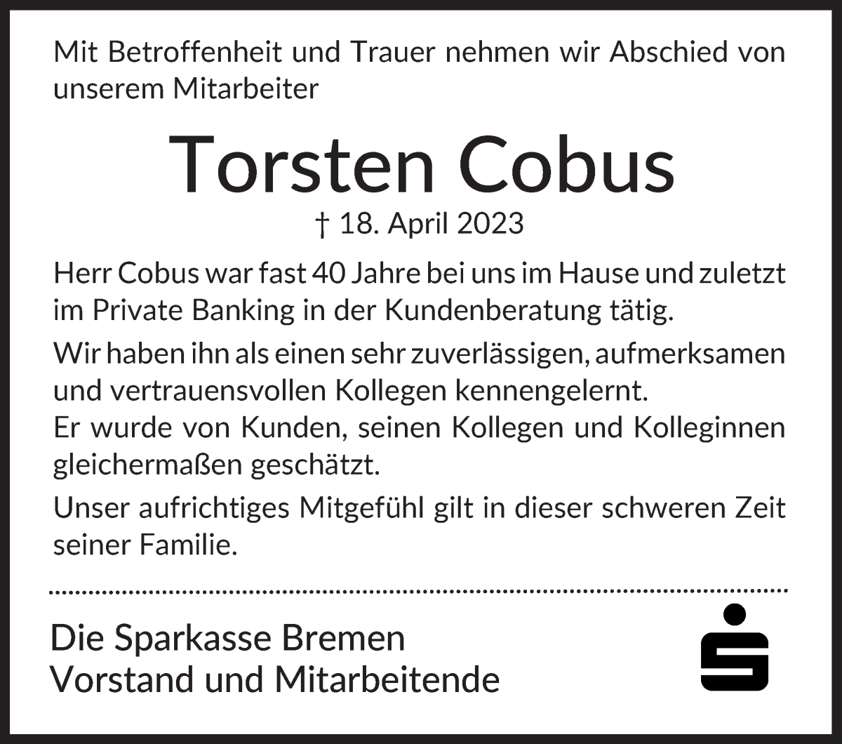 Traueranzeige von Torsten Cobus von WESER-KURIER