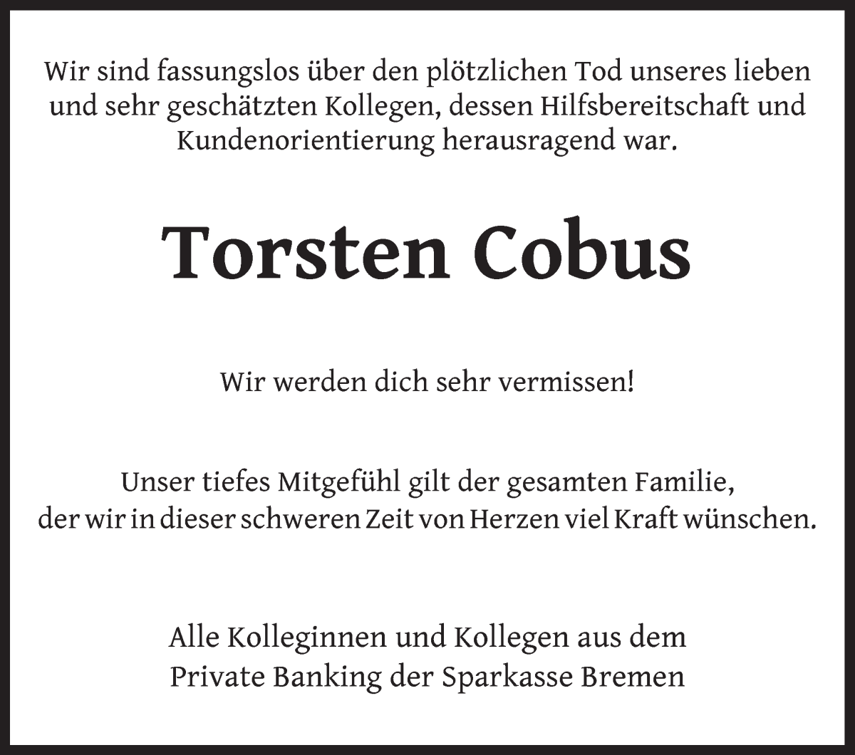 Traueranzeige von Torsten Cobus von WESER-KURIER